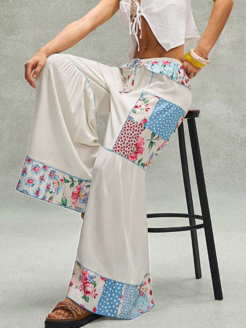 Boho Floral Print Patchwork Wide Leg Pants - Picture 2 of 6